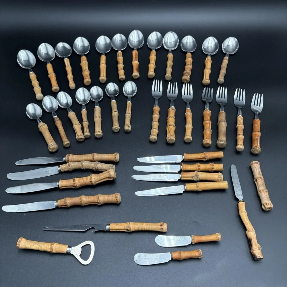 1950s Vtg Natural Bamboo Flatware Set Japan Stainless Steel MCM Tiki Boho 39 PCs